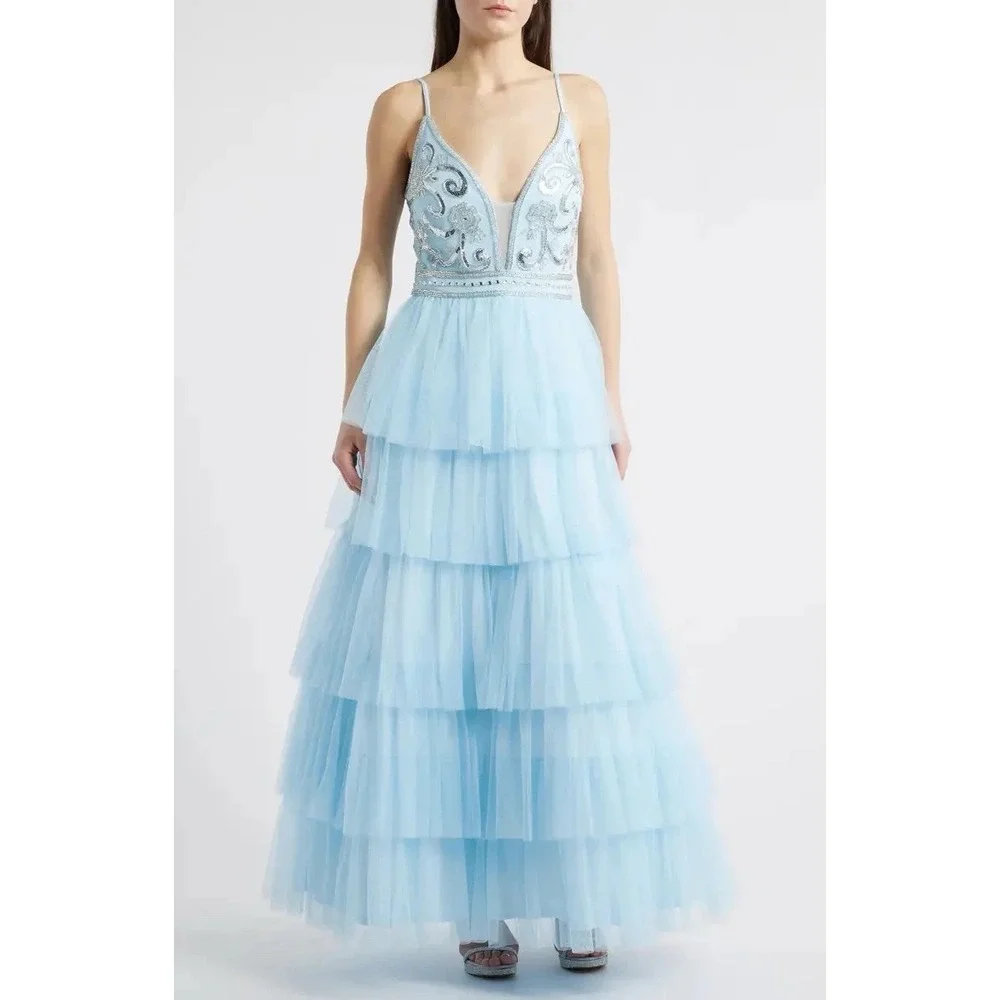 Jump Apparel Women's Beaded Bodice Ruffle Tulle Gown - Blue - Gowns